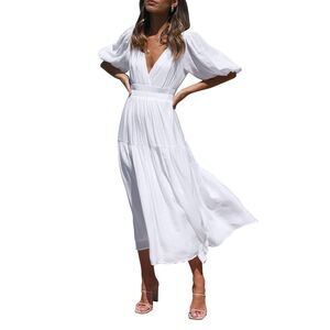 Women's White V-Neck Puff Sleeve Tiered A-Line Maxi Flowy Dress, Size S (4-6)